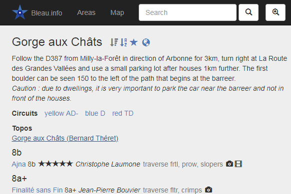 screen capture of the climbing website bleau.info