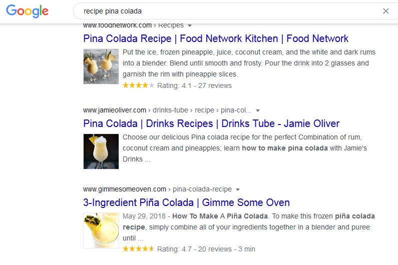 Google search result with structured data for recipe.