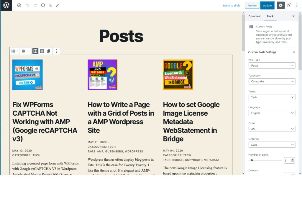 Screenshot : Custom Posts Block now selects the posts according to the WMPL language.