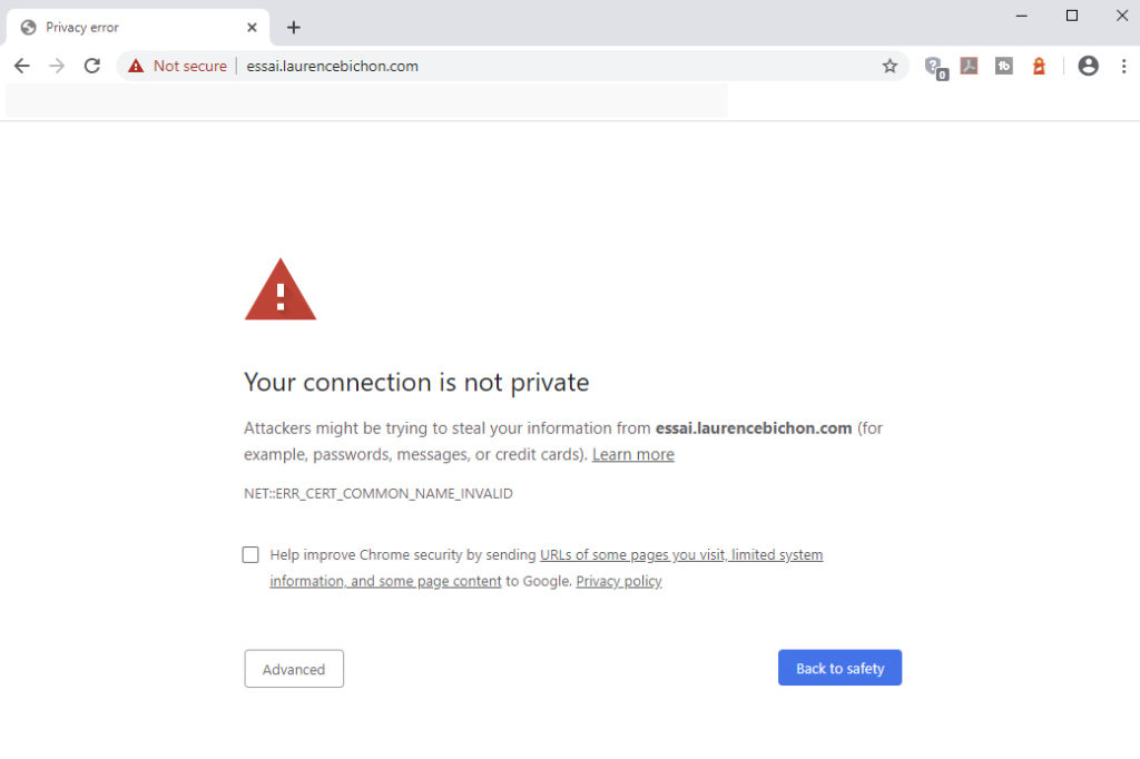 Google Chrome message for https://essai.laurencebichon.com when SSL not activated on the subdomain essai.laurencebichon.com.